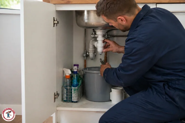 Emergency plumber in Ringsend area fixing a leaking pipe under kitchen sink in a Dublin home