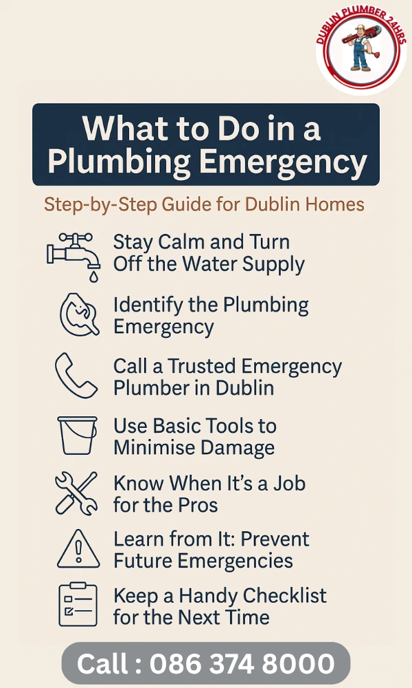 Step-by-step infographic showing what to do in a plumbing emergency for Dublin homes.