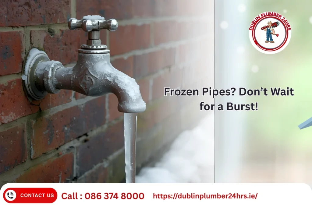 Frozen outdoor tap in Dublin winter, risk of burst pipes — Preparing Your Plumbing for Dublin Winters with insulation and expert plumber advice.