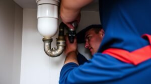 Plumbing works. Plumber inspecting the pipes