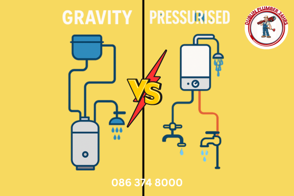 "Illustration comparing a Gravity vs Pressurised Water System, showing differences in water pressure and heating setup for Dublin homes.