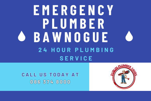 Emergency plumber Bawnogue 24 hour plumbing service banner with contact number 086 374 8000 and Dublin Plumber 24 Hrs logo