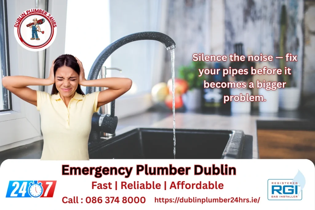 Woman covering ears beside a noisy kitchen tap — promoting emergency plumber Dublin services to fix noisy pipes and prevent water hammer issues.
