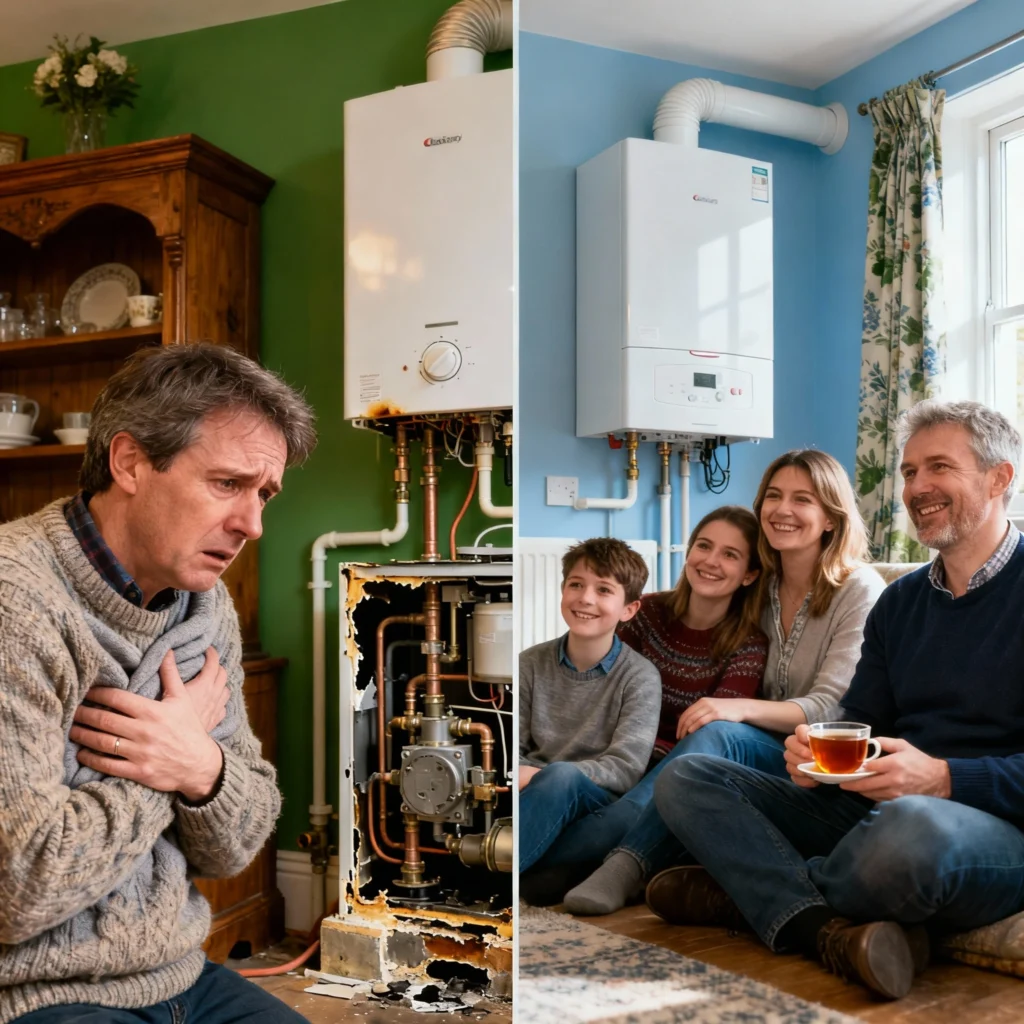 Before and after comparison of an emergency boiler replacement vs planned install showing the risks and benefits in a home heating setup.