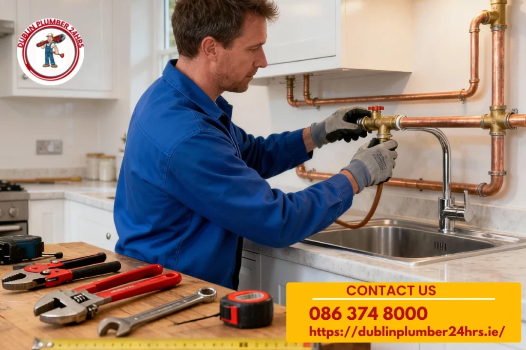 Replumbing house in Dublin with copper pipe installation by expert plumber, showing full pipe replacement and modern plumbing system upgrade.