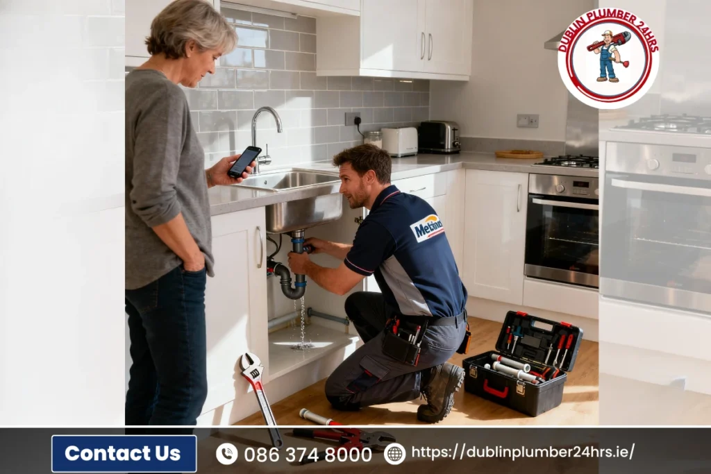 Local plumber repairing kitchen sink in Dublin home with homeowner nearby