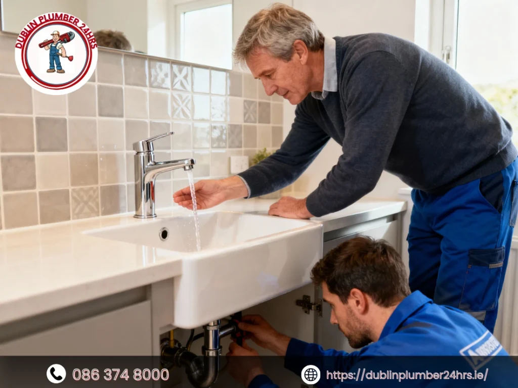 Plumber fixing low water pressure Dublin issue — homeowner testing weak tap flow while plumber inspects pipes under the sink.