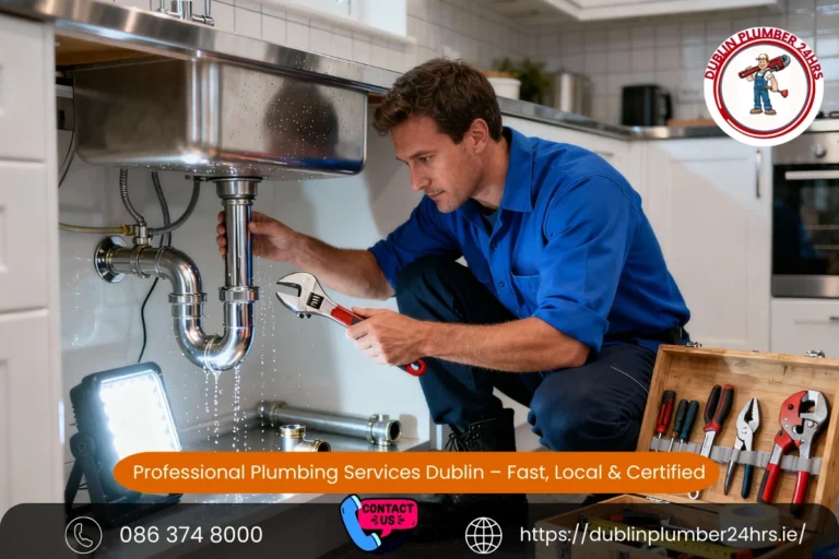Plumbing services in Dublin — professional plumber repairing a leaking pipe under a kitchen sink, provided by Dublin Plumber 24 hrs.