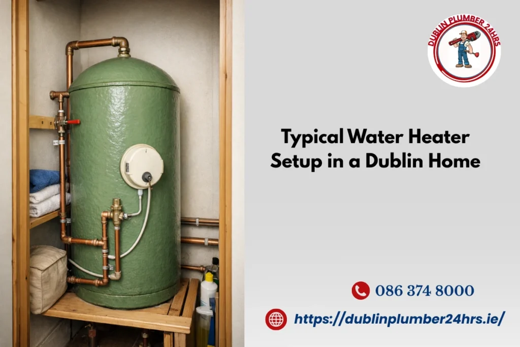 Water heater replacement example showing a hot water cylinder with immersion heater installed in a Dublin home hot press.