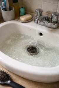 Plumbing issues in house: Slow draining sink showing common drain issues in house bathroom