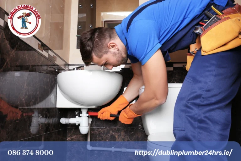 Plumber Dublin repairing sink pipe leak during emergency plumbing service