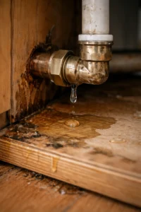 Small water leak under Plumbing issues in house: house pipe joint causing damp floor damage