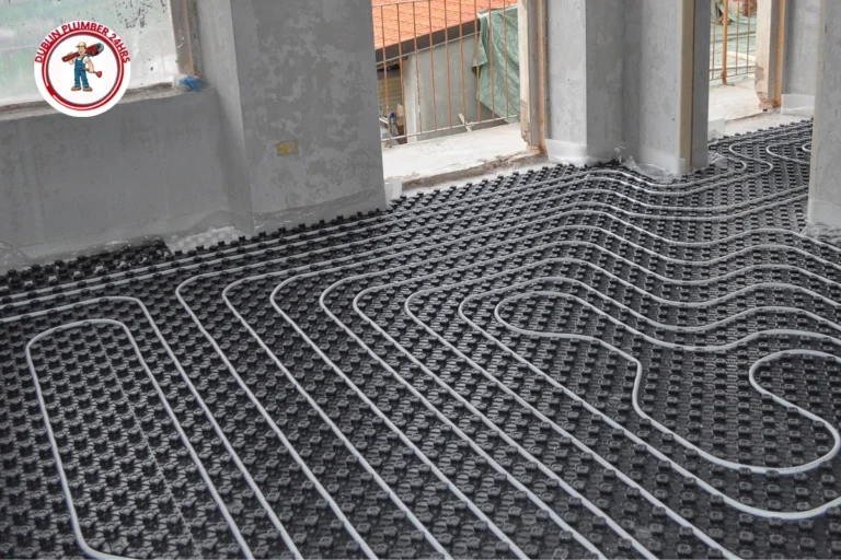 Underfloor heating installation in Dublin home showing water-based pipe system before screed