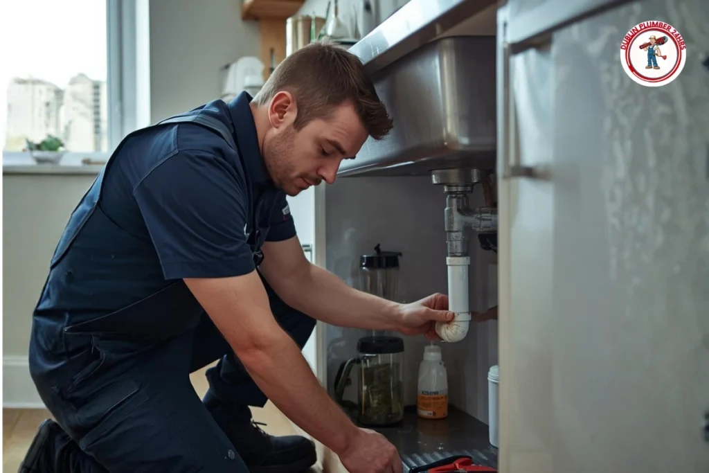 Plumber Dublin 14 fixing leaking pipe under kitchen sink emergency plumbing service