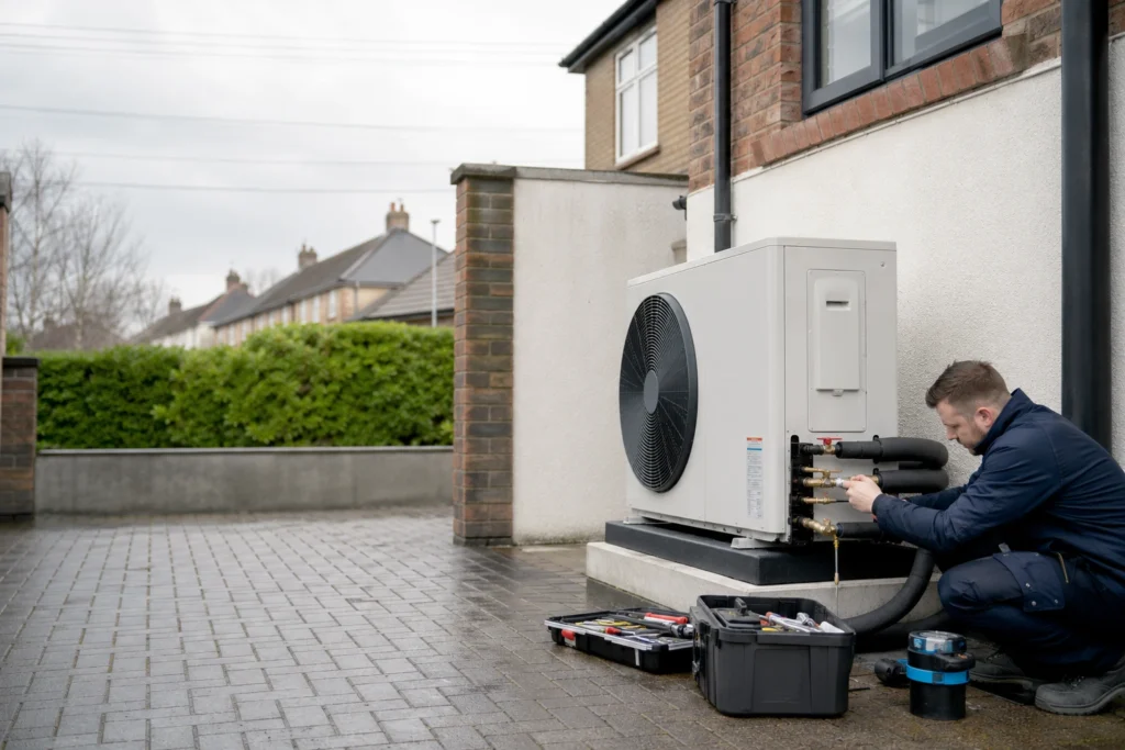 Heat pump services Dublin with professional heat pump installation Dublin engineer fitting an air-to-water heat pump system outside a modern Dublin home.
