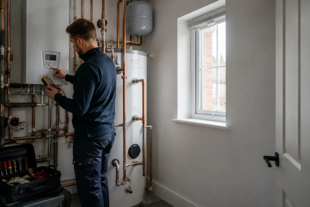 Heat pump servicing Dublin engineer inspecting an indoor air-to-water heat pump system and hot water cylinder inside a modern Dublin home.