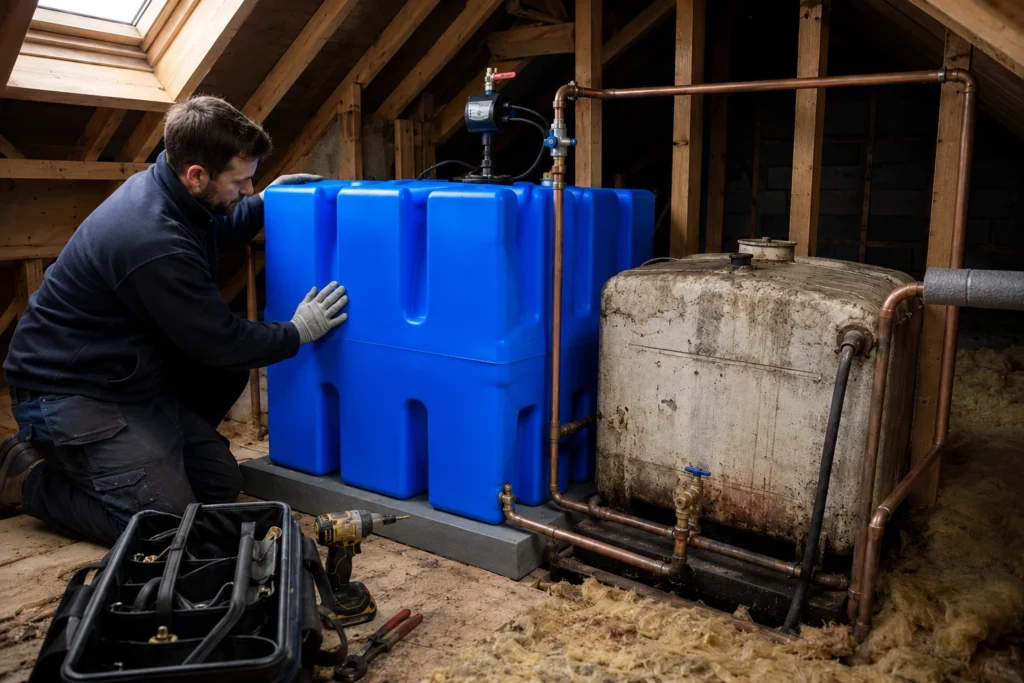 Attic water tank replacement Dublin showing a plumber installing a new cold water storage tank in an Irish home attic.