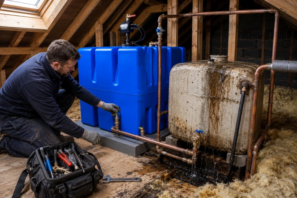Water tank in attic leaking while a Dublin plumber replaces an old cold water storage tank with a new insulated attic tank