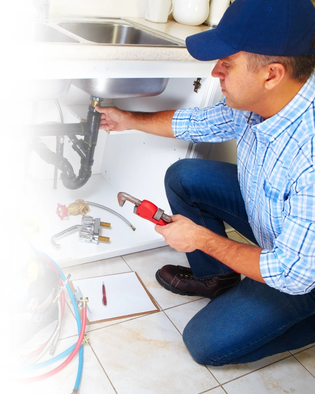 Plumber in North Dublin repairing pipe under kitchen sink with tools during home plumbing service