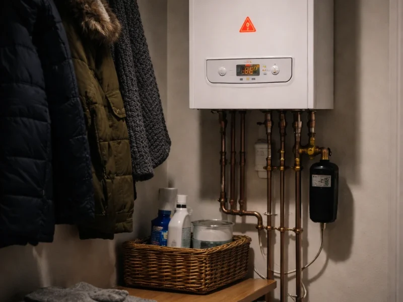 Plumbing emergency showing boiler breakdown in Irish home utility room with no heating