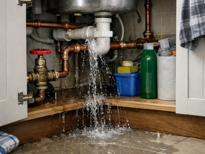 Plumbing emergency caused by burst pipe leaking under kitchen sink in Dublin home